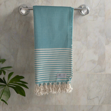 Load image into Gallery viewer, Honeycomb Stripy Aqua Turkish Towel Throw Silk Dervish Turkish Cotton Towels