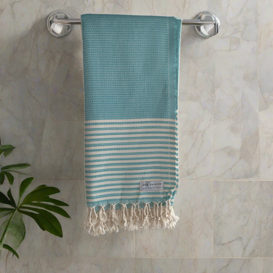 Honeycomb Stripy Aqua Turkish Towel Throw Silk Dervish Turkish Cotton Towels