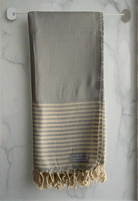 Honeycomb Stripy Light Grey Turkish Towel Throw Silk Dervish Turkish Cotton Towels