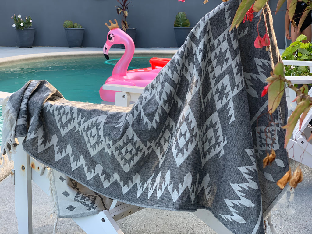 Kilim Aztec Grey Turkish Towel - Silk Dervish, Turkish Cotton Towel