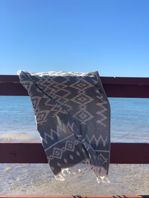 Kilim Aztec Grey Turkish Towel - Silk Dervish, Turkish Cotton Towel
