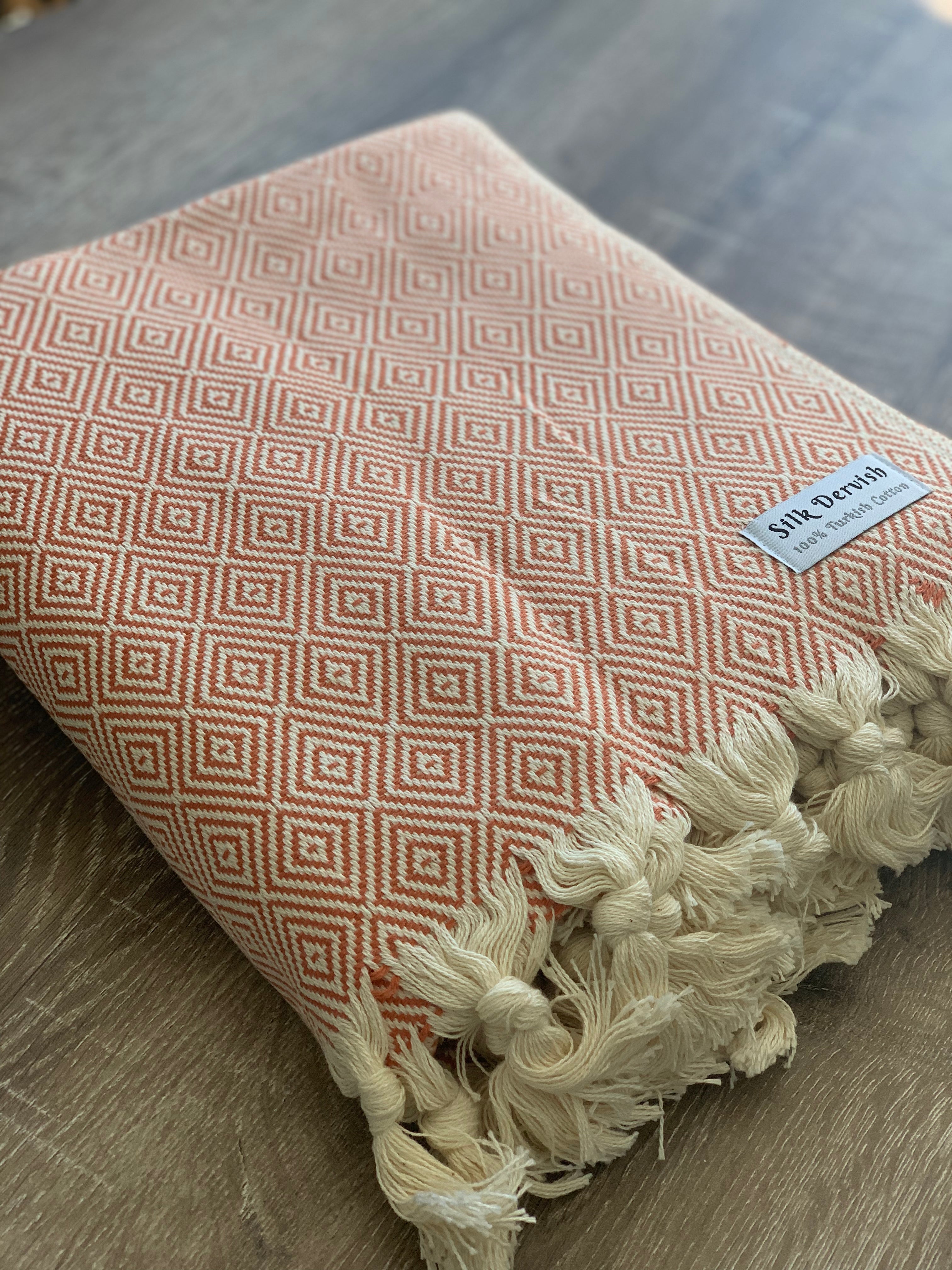 Diamond Full Pattern Blanket Orange Silk Dervish Turkish Cotton Towels