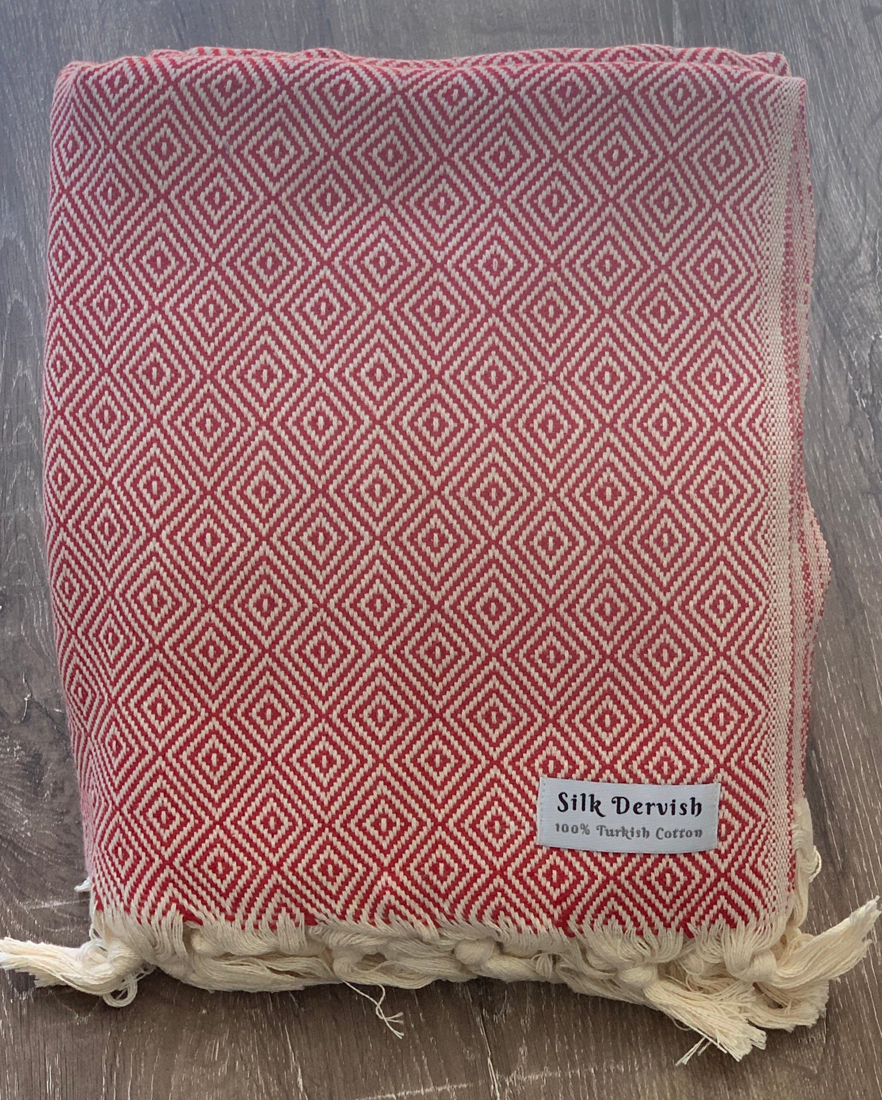 Diamond Full Pattern Blanket Red Silk Dervish Turkish Cotton Towels