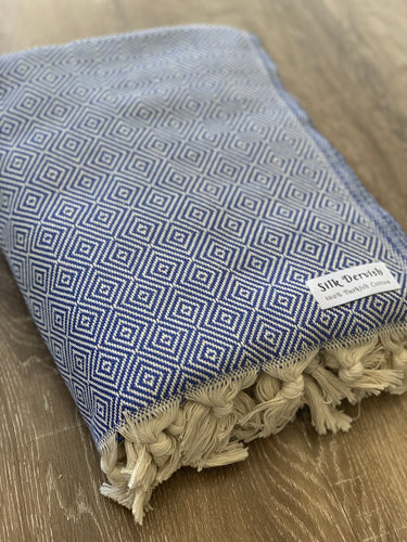Diamond Full Pattern Blanket Blue Silk Dervish Turkish Cotton Towels