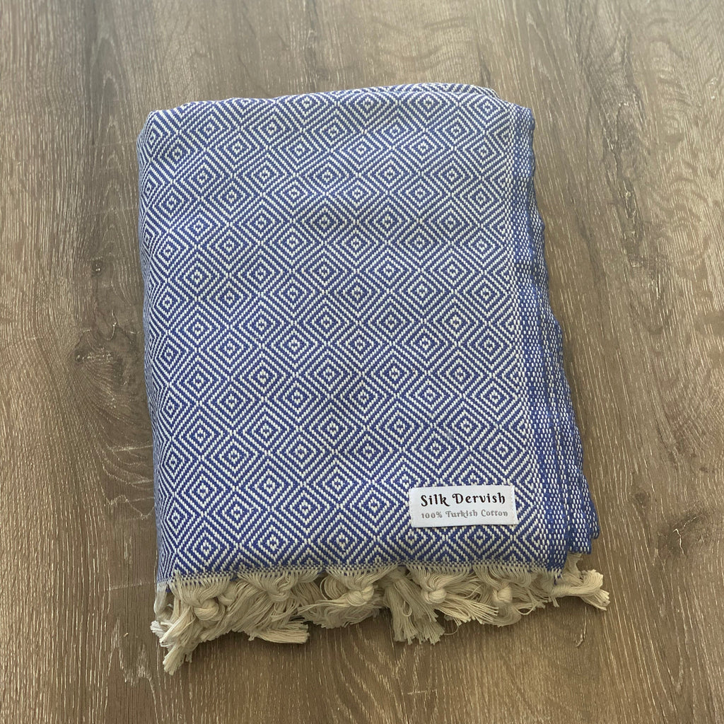 Diamond Full Pattern Blanket Blue Silk Dervish Turkish Cotton Towels