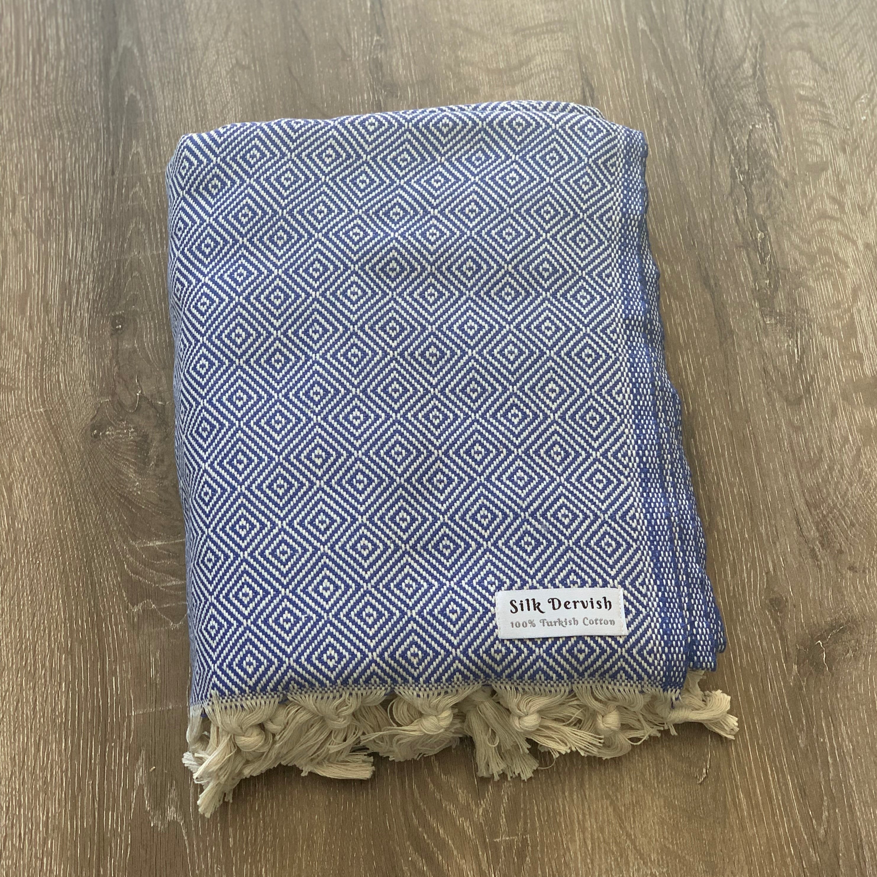 Diamond Full Pattern Blanket Blue Silk Dervish Turkish Cotton Towels