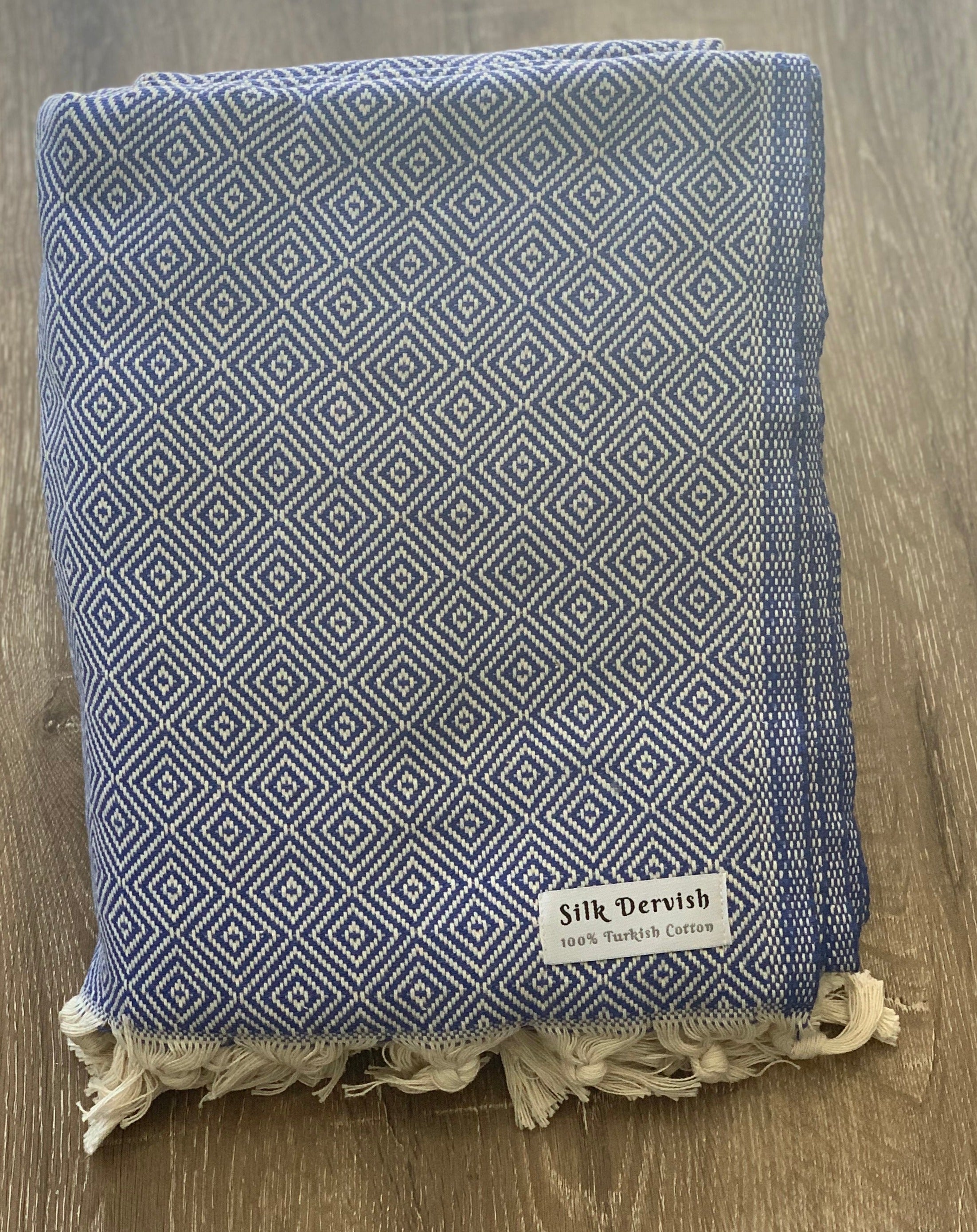 Diamond Full Pattern Blanket Blue Silk Dervish Turkish Cotton Towels