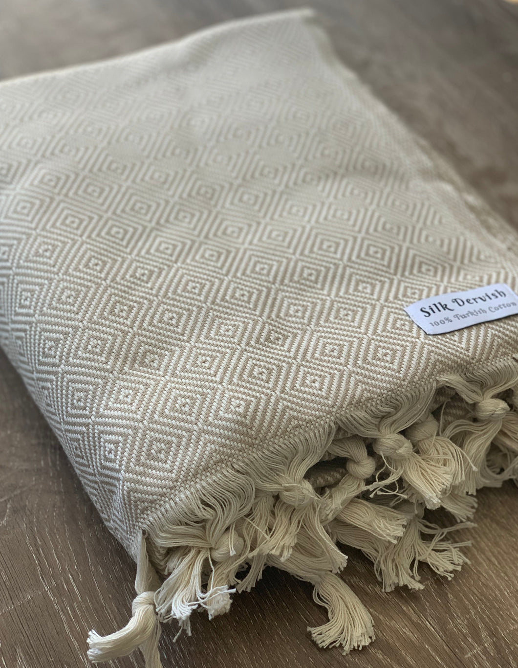Diamond Full Pattern Blanket Beige Silk Dervish Turkish Cotton Towels