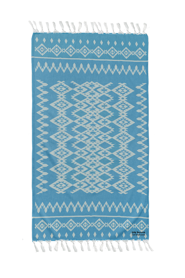 Kilim Aztec Aqua Turkish Towel - Silk Dervish, Turkish Cotton Towel