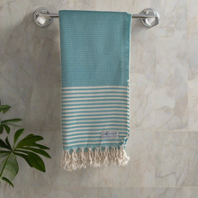 Load image into Gallery viewer, Honeycomb Stripy Aqua Turkish Towel Throw Silk Dervish Turkish Cotton Towels
